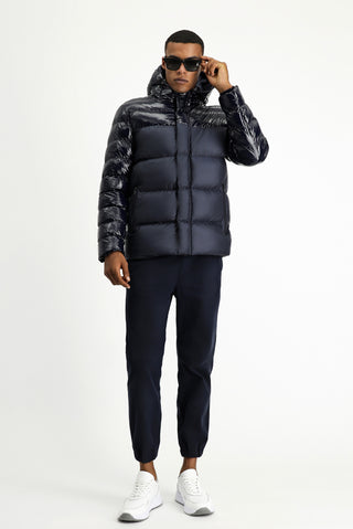 Koyu Lacivert Slim Fit Dar Kesim Kapüşonlu Vinil Şişme Mont