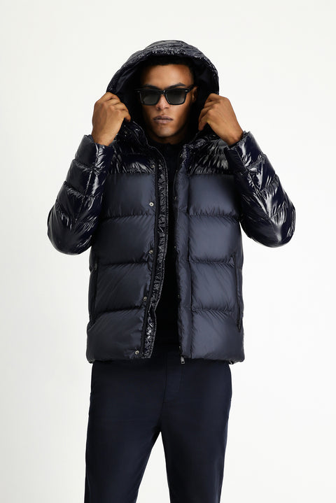 Koyu Lacivert Slim Fit Dar Kesim Kapüşonlu Vinil Şişme Mont