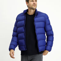 Navy Blue Stand Collar Zippered Pocket Windproof Sport Puffer Jacket with Bag