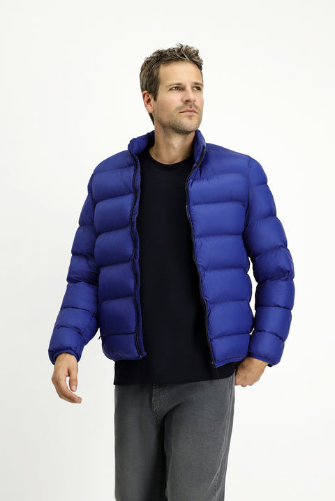 Navy Blue Stand Collar Zippered Pocket Windproof Sport Puffer Jacket with Bag