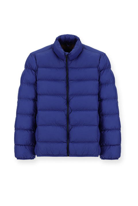 Navy Blue Stand Collar Zippered Pocket Windproof Sport Puffer Jacket with Bag