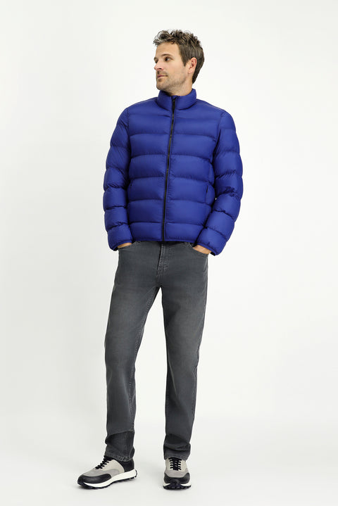 Navy Blue Stand Collar Zippered Pocket Windproof Sport Puffer Jacket with Bag