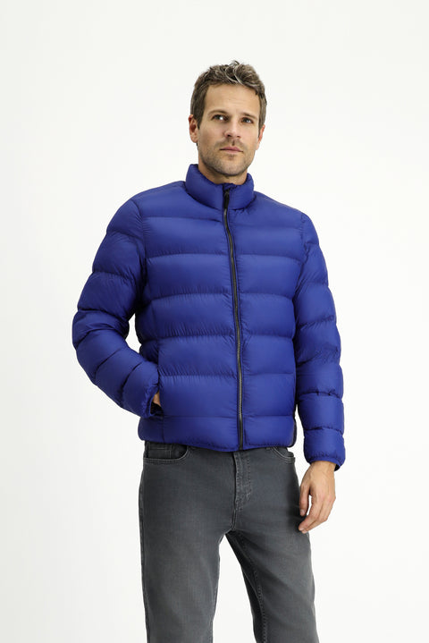 Navy Blue Stand Collar Zippered Pocket Windproof Sport Puffer Jacket with Bag