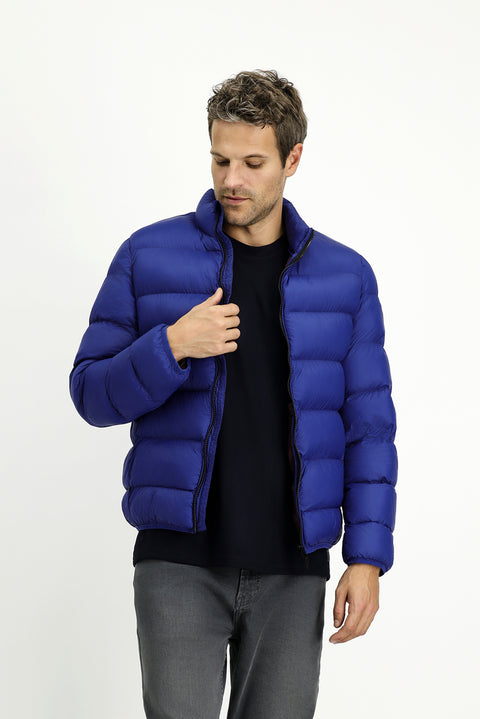 Navy Blue Stand Collar Zippered Pocket Windproof Sport Puffer Jacket with Bag