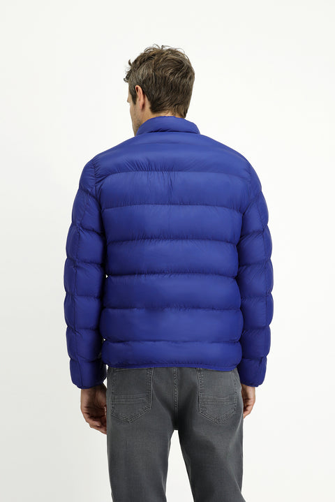 Navy Blue Stand Collar Zippered Pocket Windproof Sport Puffer Jacket with Bag