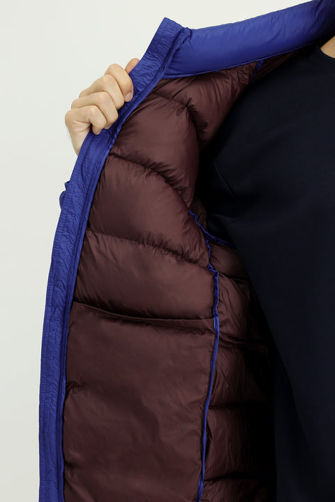 Navy Blue Stand Collar Zippered Pocket Windproof Sport Puffer Jacket with Bag