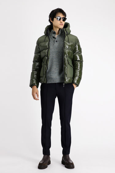 Koyu Haki Kapüşonlu Kapitone Spor Şişme Mont