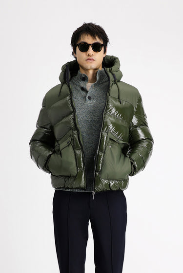 Koyu Haki Kapüşonlu Kapitone Spor Şişme Mont