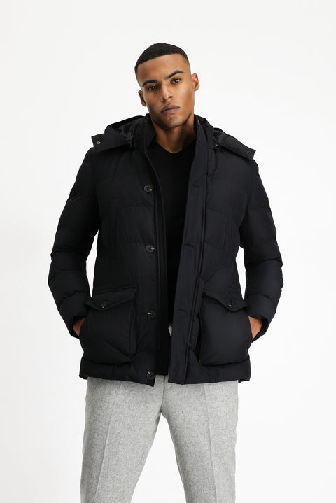 Black Slim Fit Narrow Cut Hooded Windproof Sport Puffer Jacket with Pockets