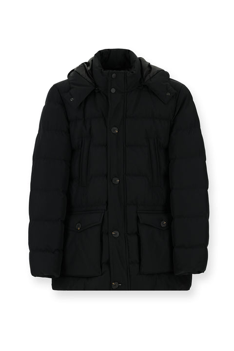 Black Slim Fit Narrow Cut Hooded Windproof Sport Puffer Jacket with Pockets