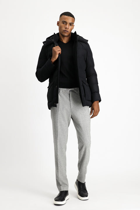 Black Slim Fit Narrow Cut Hooded Windproof Sport Puffer Jacket with Pockets