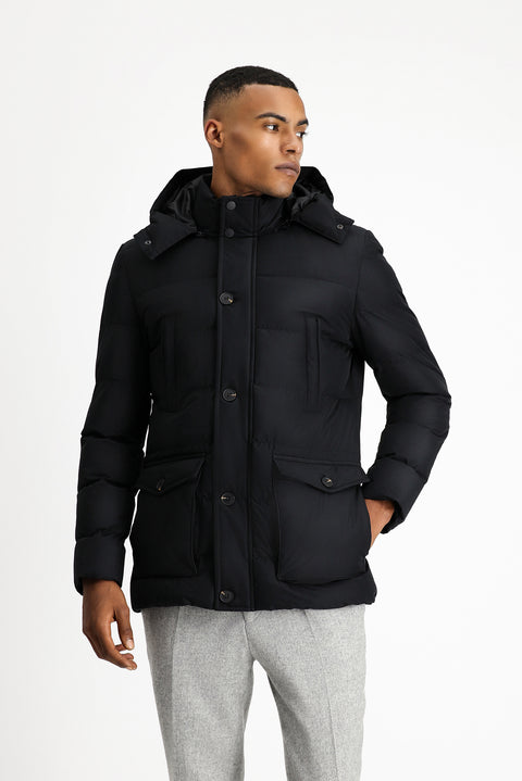 Black Slim Fit Narrow Cut Hooded Windproof Sport Puffer Jacket with Pockets