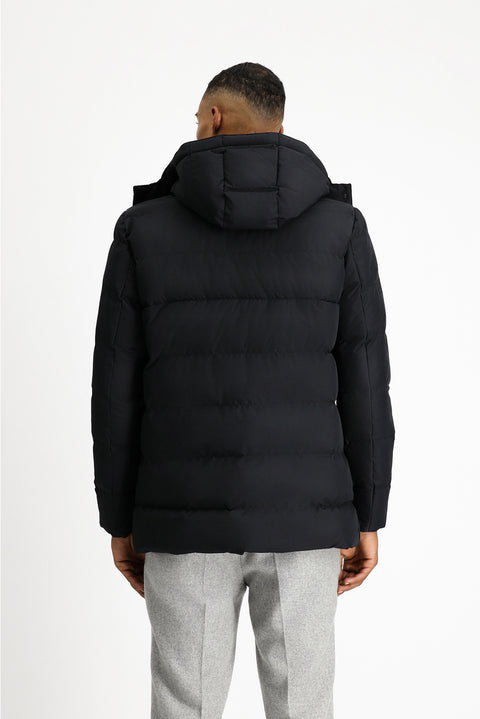 Black Slim Fit Narrow Cut Hooded Windproof Sport Puffer Jacket with Pockets