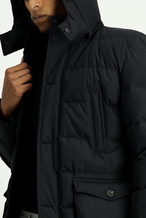 Black Slim Fit Narrow Cut Hooded Windproof Sport Puffer Jacket with Pockets