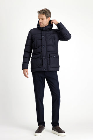 Koyu Lacivert Slim Fit Dar Kesim Kapüşonlu Cepli Rüzgar Geçirmez Spor Şişme Mont