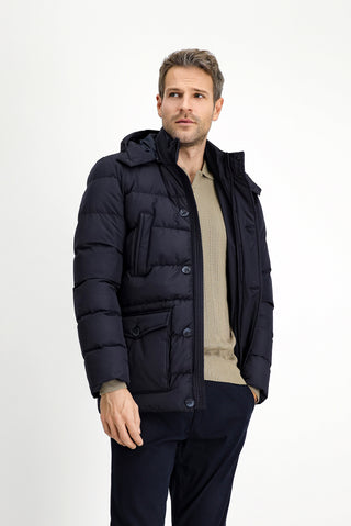 Koyu Lacivert Slim Fit Dar Kesim Kapüşonlu Cepli Rüzgar Geçirmez Spor Şişme Mont