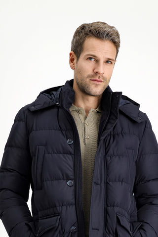 Koyu Lacivert Slim Fit Dar Kesim Kapüşonlu Cepli Rüzgar Geçirmez Spor Şişme Mont