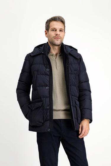 Koyu Lacivert Slim Fit Dar Kesim Kapüşonlu Spor Şişme Mont