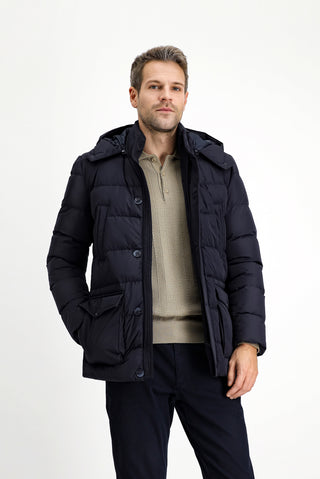 Koyu Lacivert Slim Fit Dar Kesim Kapüşonlu Cepli Rüzgar Geçirmez Spor Şişme Mont