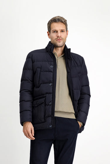 Koyu Lacivert Slim Fit Dar Kesim Kapüşonlu Spor Şişme Mont