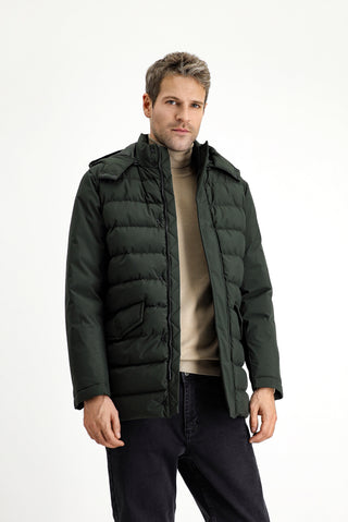 Orta Haki Slim Fit Dar Kesim Kapüşonlu Cepli Fermuarlı Rüzgar Geçirmez Spor Şişme Mont