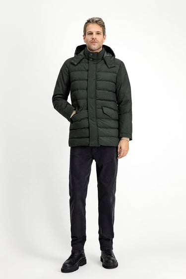 Orta Haki Slim Fit Dar Kesim Kapüşonlu Spor Şişme Mont