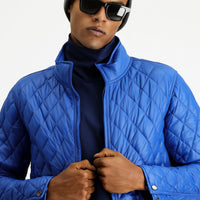 Blue Stand Collar Windproof Quilted Sport Jacket with Pockets and Zipper
