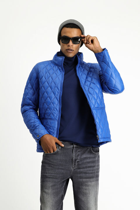 Blue Stand Collar Windproof Quilted Sport Jacket with Pockets and Zipper