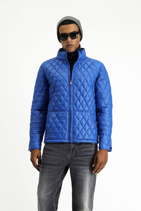 Blue Stand Collar Windproof Quilted Sport Jacket with Pockets and Zipper