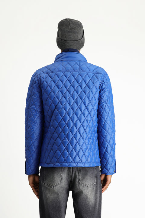 Blue Stand Collar Windproof Quilted Sport Jacket with Pockets and Zipper