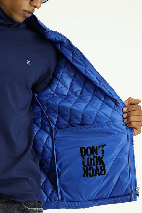 Blue Stand Collar Windproof Quilted Sport Jacket with Pockets and Zipper