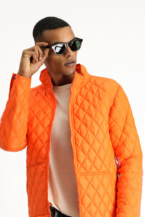 Medium Orange Stand Collar Zippered Windproof Quilted Sport Jacket with Pockets