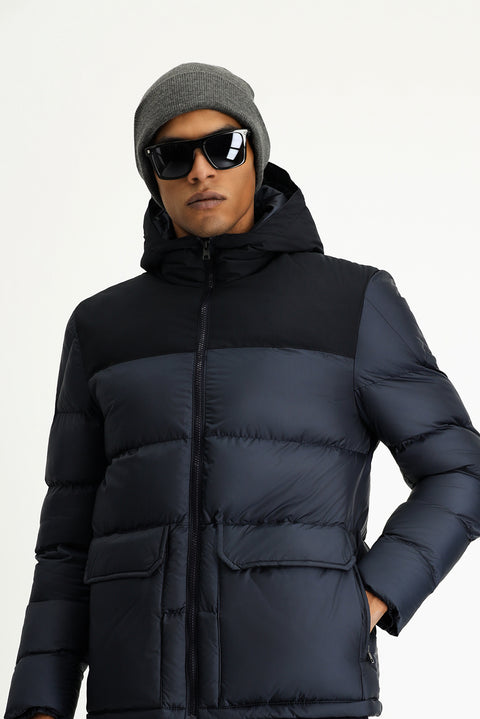 Koyu Lacivert Slim Fit Dar Kesim Kapüşonlu Spor Şişme Mont