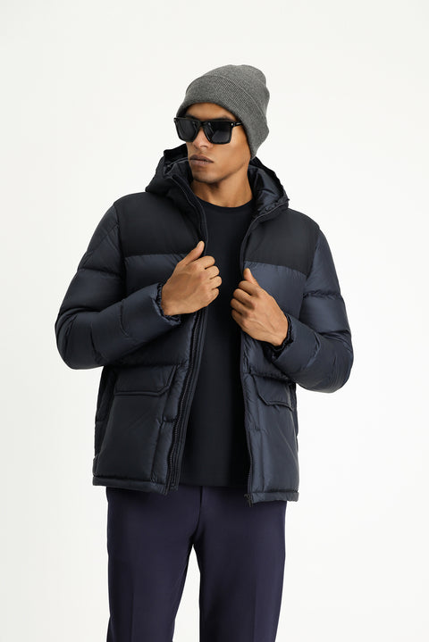 Koyu Lacivert Slim Fit Dar Kesim Kapüşonlu Spor Şişme Mont