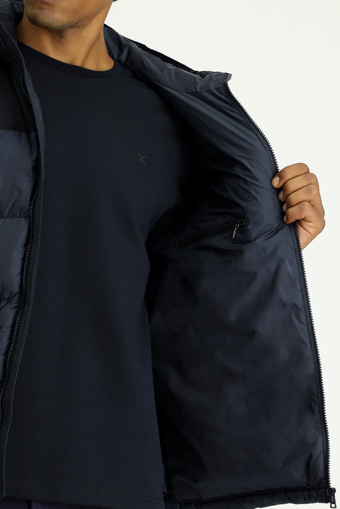 Koyu Lacivert Slim Fit Dar Kesim Kapüşonlu Spor Şişme Mont