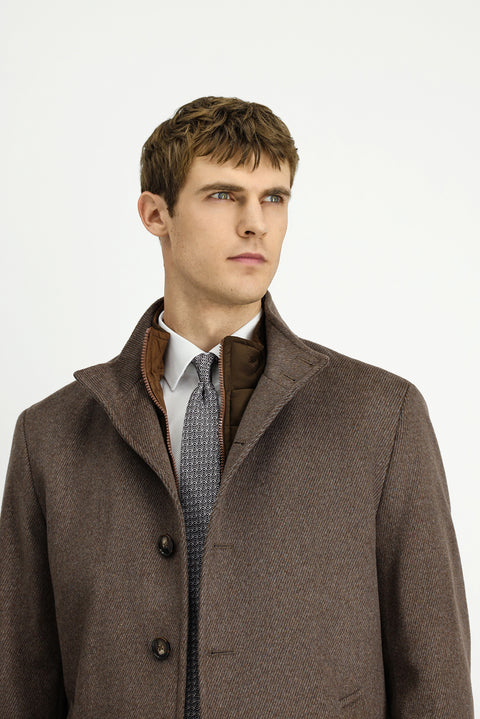 Light Brown, Stand-Up Collar, Detachable Insole Pockets, Classic Wool Coat