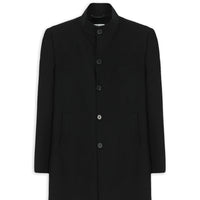 Siyah Slim Fit Dar Kesim Dik Yaka Cepli Yünlü Klasik Kaban