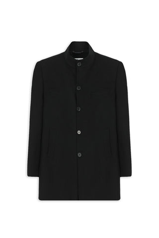 Siyah Slim Fit Dar Kesim Dik Yaka Cepli Yünlü Klasik Kaban-Ki??l?