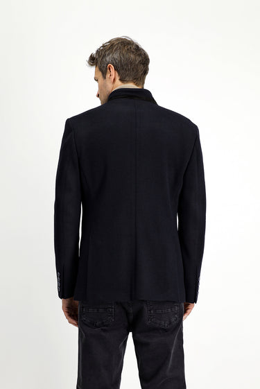 Siyah Lacivert Yünlü Klasik Kaban