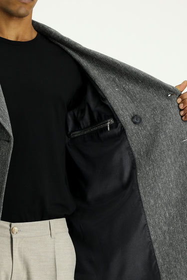 Koyu Antrasit Desenli Yünlü Kruvaze Kaban