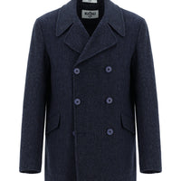 Koyu Lacivert Yünlü Desenli Kruvaze Kaban