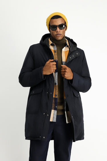 Koyu Lacivert Kapüşonlu Çift Taraflı Şişme Spor Kaban