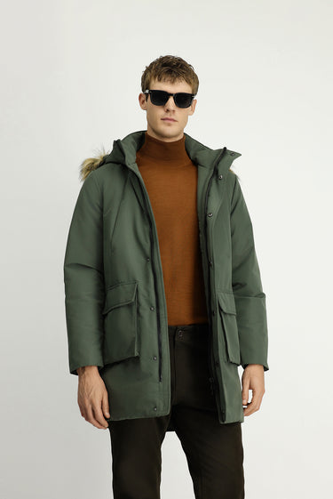 Orta Haki Regular Fit Düz Bonded Kaban