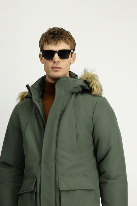 Medium Khaki Hooded Fur-Lined Sport Puffer Jacket