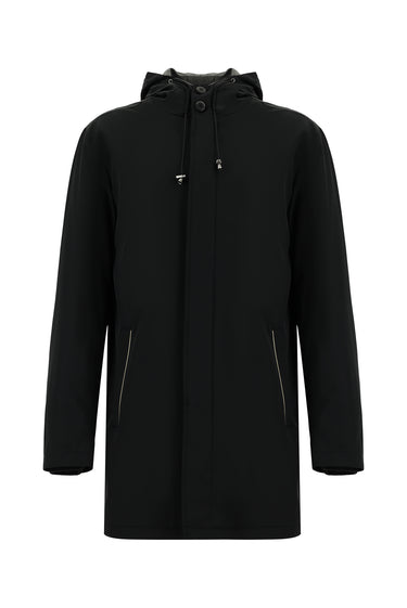 Siyah Techno-Line Likralı Kapüşonlu Pardösü & Trençkot