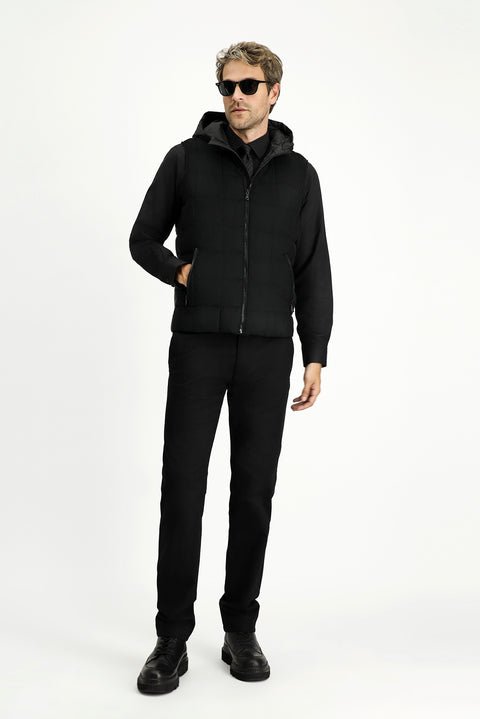 Siyah Slim Fit Dar Kesim Kapüşonlu Spor Yelek