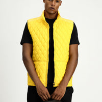 Yellow Stand-Up Collar Quilted Sports Vest with Pockets and Zipper