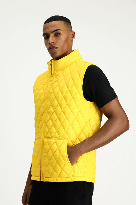 Yellow Stand-Up Collar Quilted Sports Vest with Pockets and Zipper