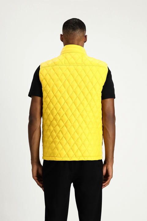 Yellow Stand-Up Collar Quilted Sports Vest with Pockets and Zipper