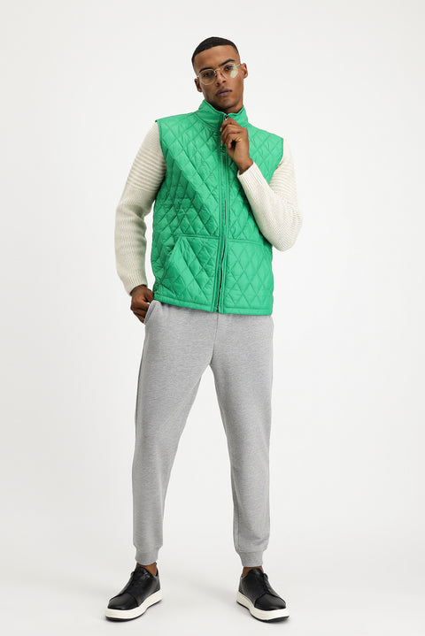 Dark Green Stand-Up Collar Quilted Sports Vest with Pockets and Zipper